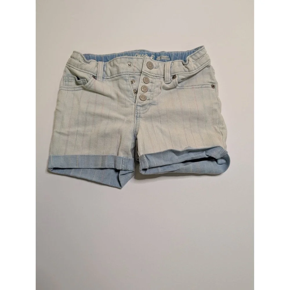 Cat & Jack Girls Rainbow Pinstripe Denim Shorts Light Wash Button Fly Size M 7/8